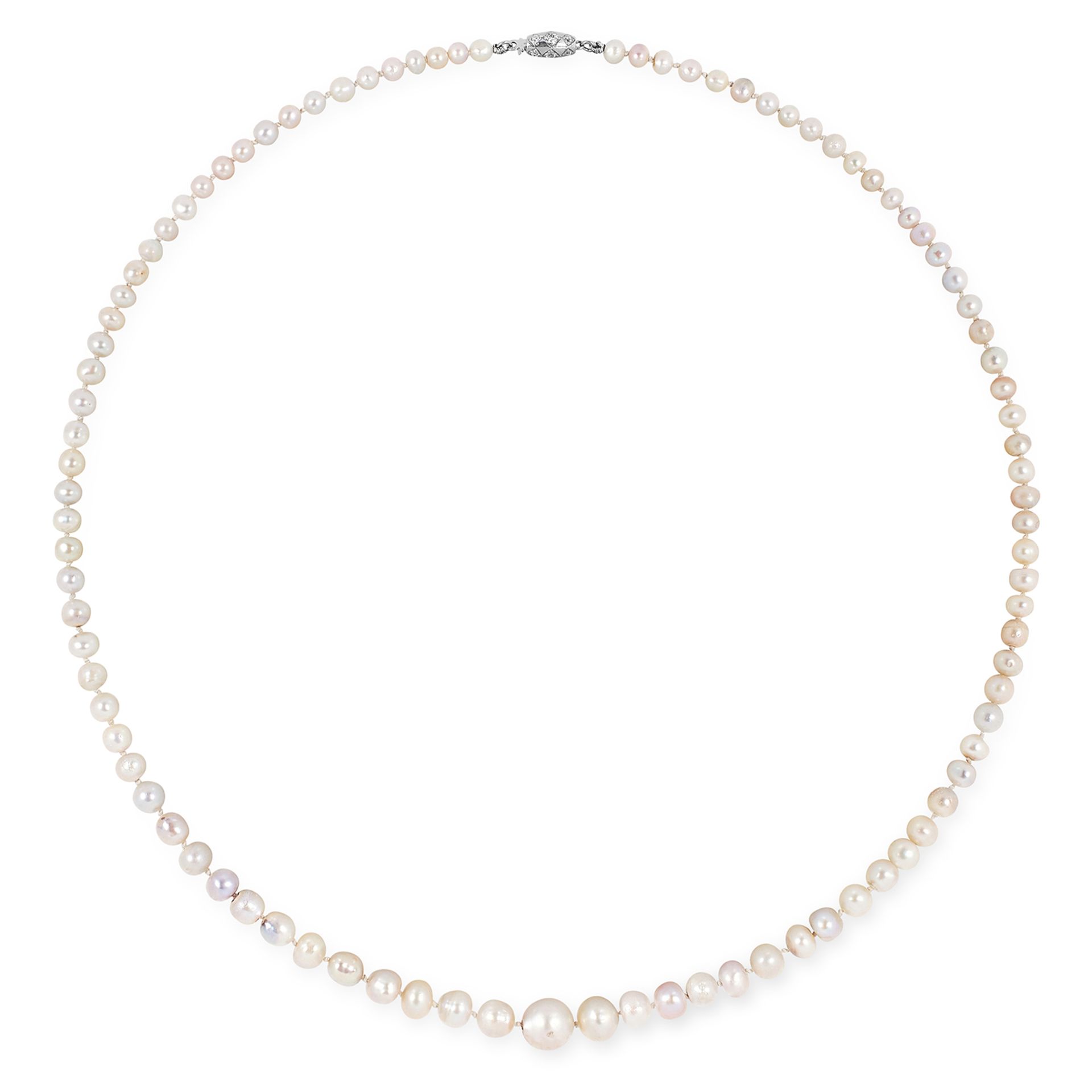 A NATURAL PEARL AND DIAMOND NECKLACE set with a diamond clasp, comprising of single row of ninety-