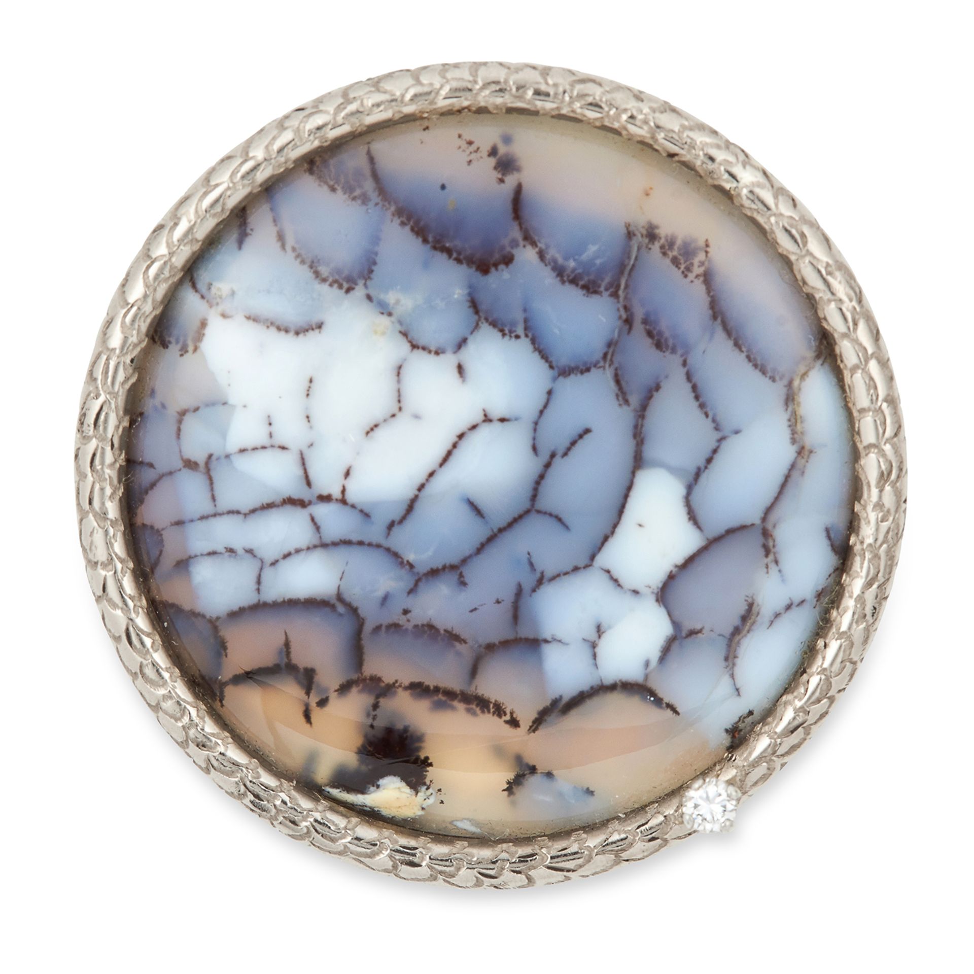 AN AGATE AND DIAMOND BROOCH, ANDREW GRIMA, CIRCA 1970 set with a polished circular agate panel and a