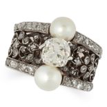 A PEARL AND DIAMOND RING in foliate design, set with an old cut diamond between two pearls in a