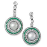 A PAIR OF NATURAL PEARL, DIAMOND AND EMERALD EARRINGS each comprising of a row of old cut diamonds