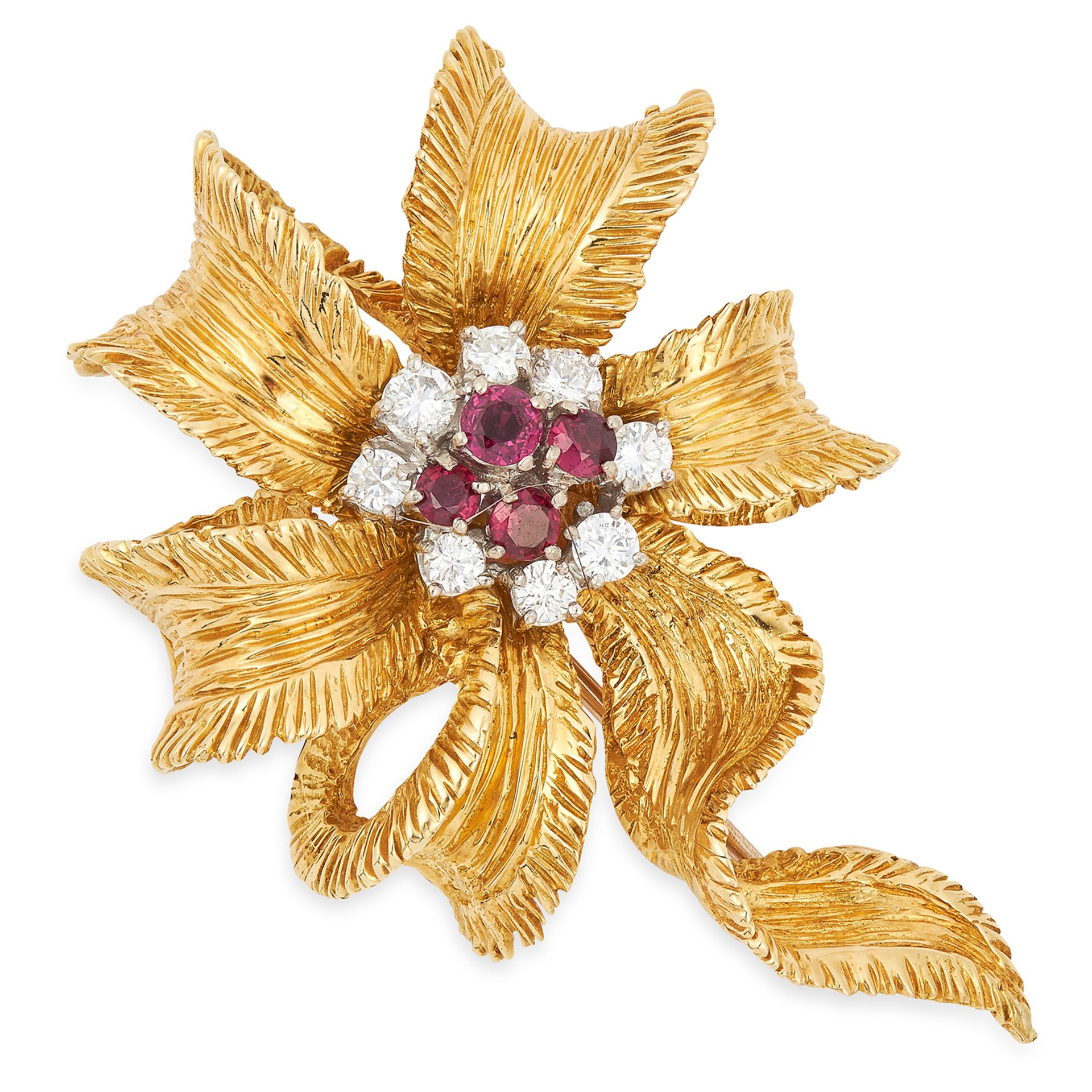 A RUBY AND DIAMOND RIBBON BROOCH, KUTCHINSKY, CIRCA 1960 set with a cluster of round cut rubies
