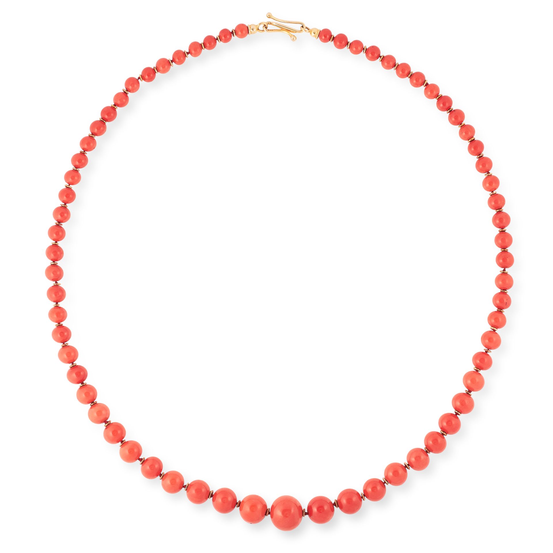 A CORAL AND DIAMOND NECKLACE comprising a single row of sixty-six graduated round coral beads