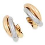 A PAIR OF TRINITY DE CARTIER CLIP EARRINGS, CARTIER each comprising a trio of varicoloured hoops,