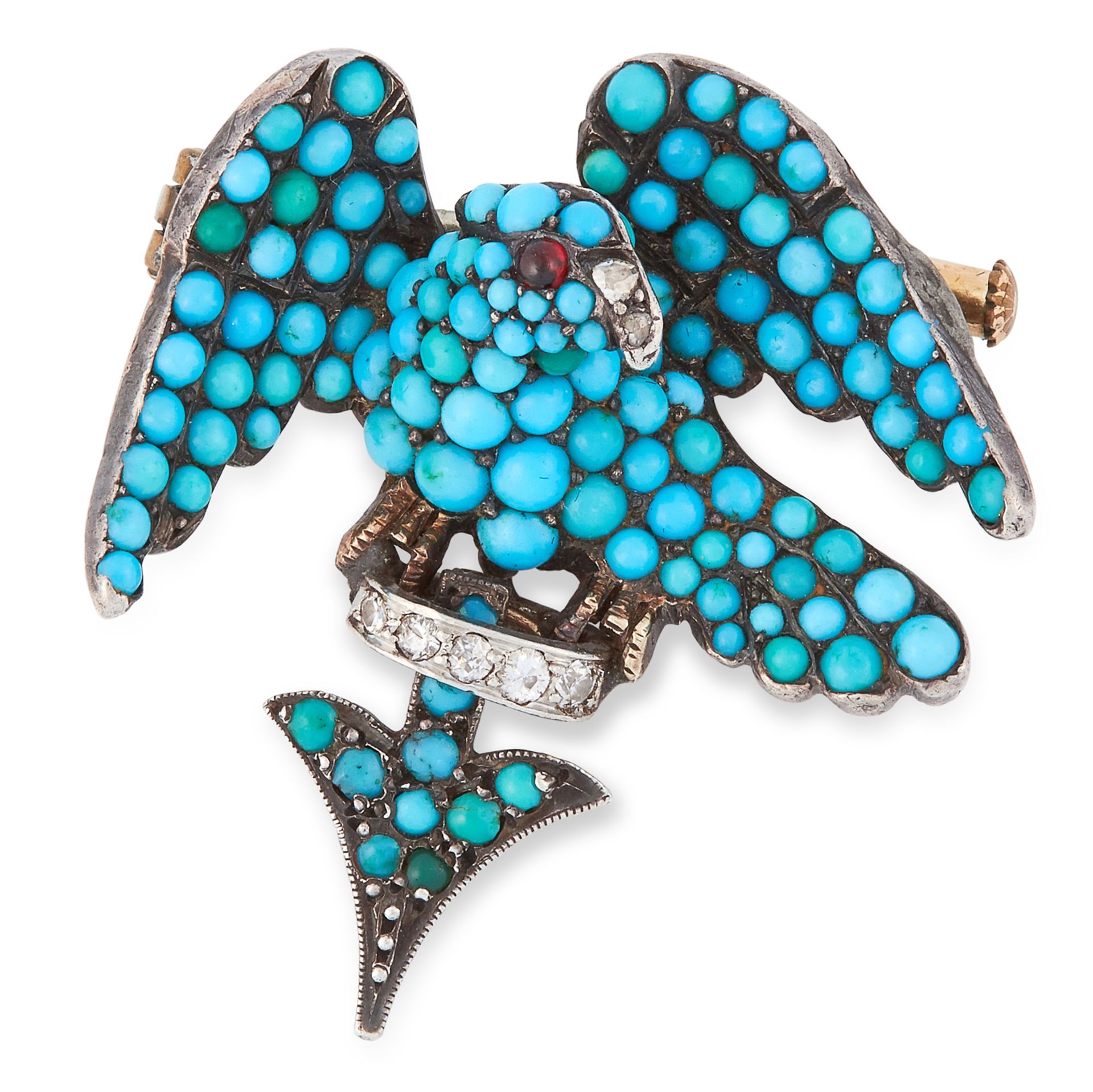 AN ANTIQUE TURQUOISE, GARNET AND DIAMOND EAGLE BROOCH, 19TH CENTURY set with cabochon turquoise,