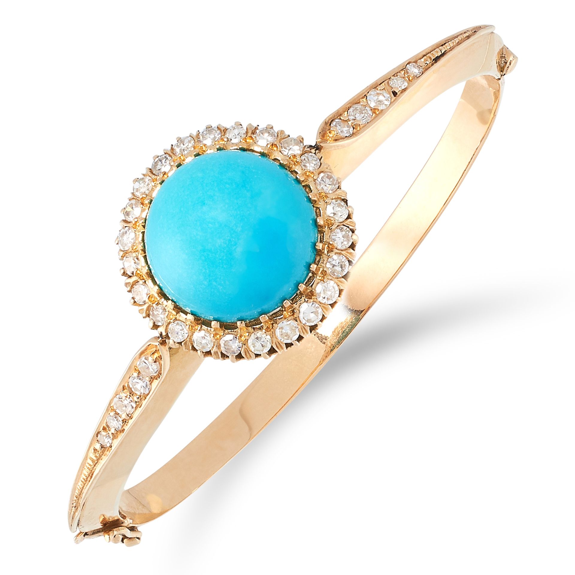 A TURQUOISE AND DIAMOND BANGLE set with cabochon turquoise in a border of round cut diamonds, French