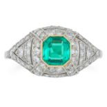 A 0.70 CARAT EMERALD AND DIAMOND RING in Art Deco design, set with an emerald cut emerald of
