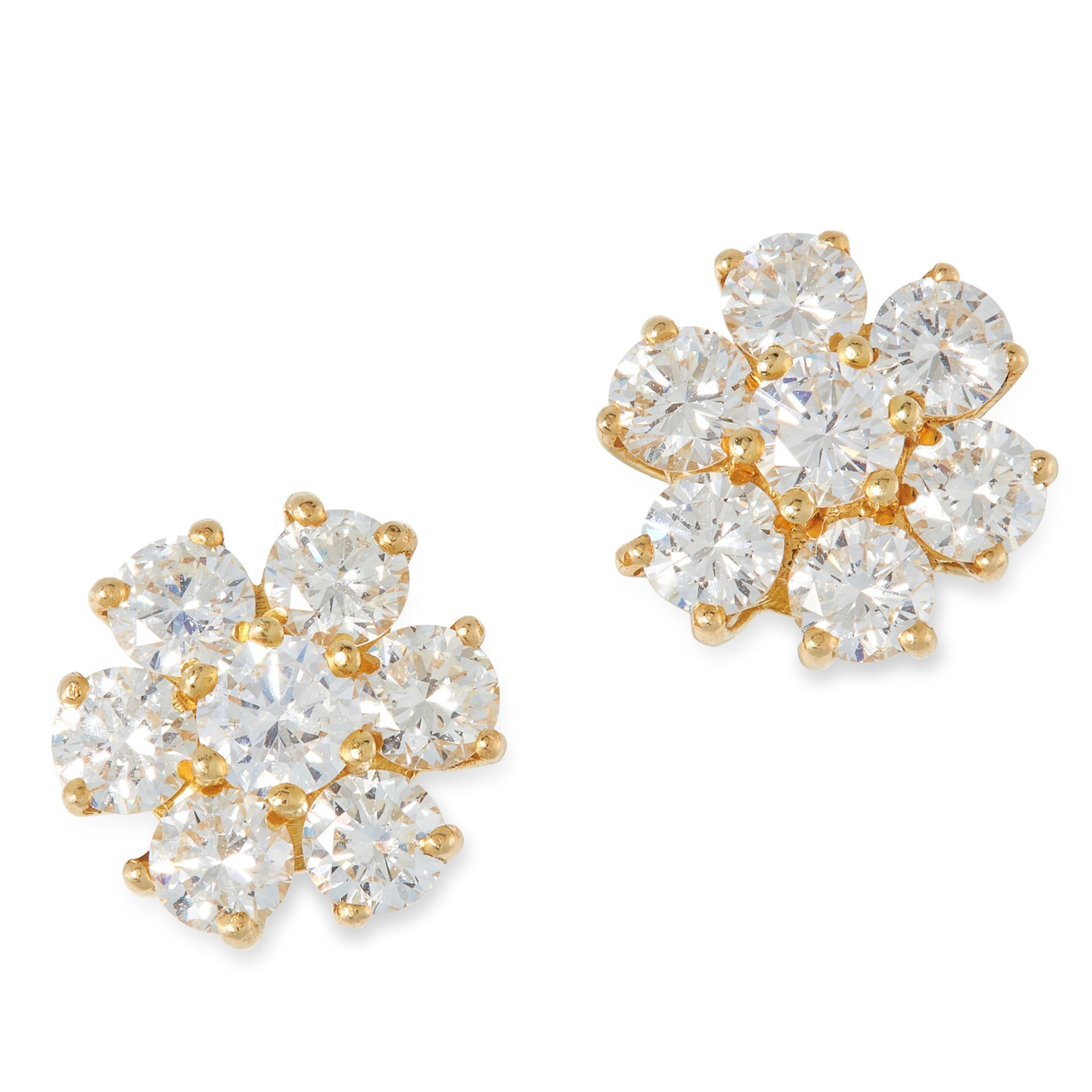 A PAIR OF DIAMOND CLUSTER EARRINGS set with round cut diamonds totalling 2.36 carats, marked