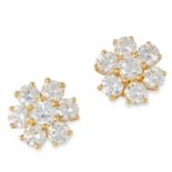 A PAIR OF DIAMOND CLUSTER EARRINGS set with round cut diamonds totalling 2.36 carats, marked