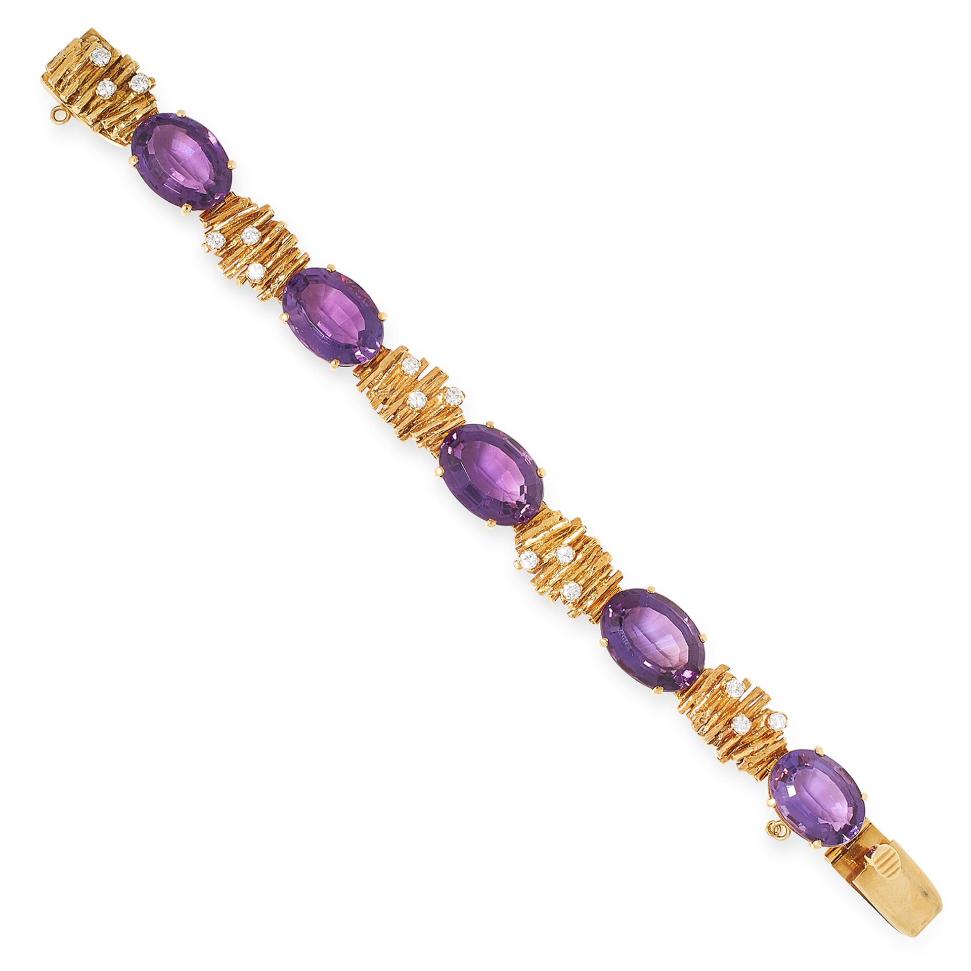 AN AMETHYST AND DIAMOND BRACELET, SEARLE & CO set with oval cut amethysts and round cut diamonds