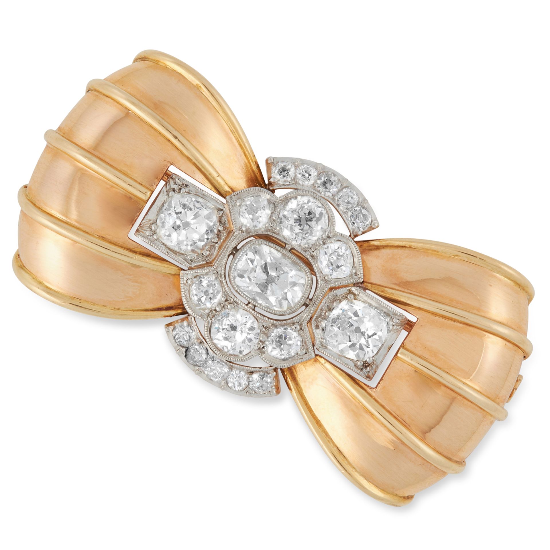 A RETRO DIAMOND BOW BROOCH, 1940s set with a trio old cut diamonds of 1.80, 1.33 and 1.07 carats,