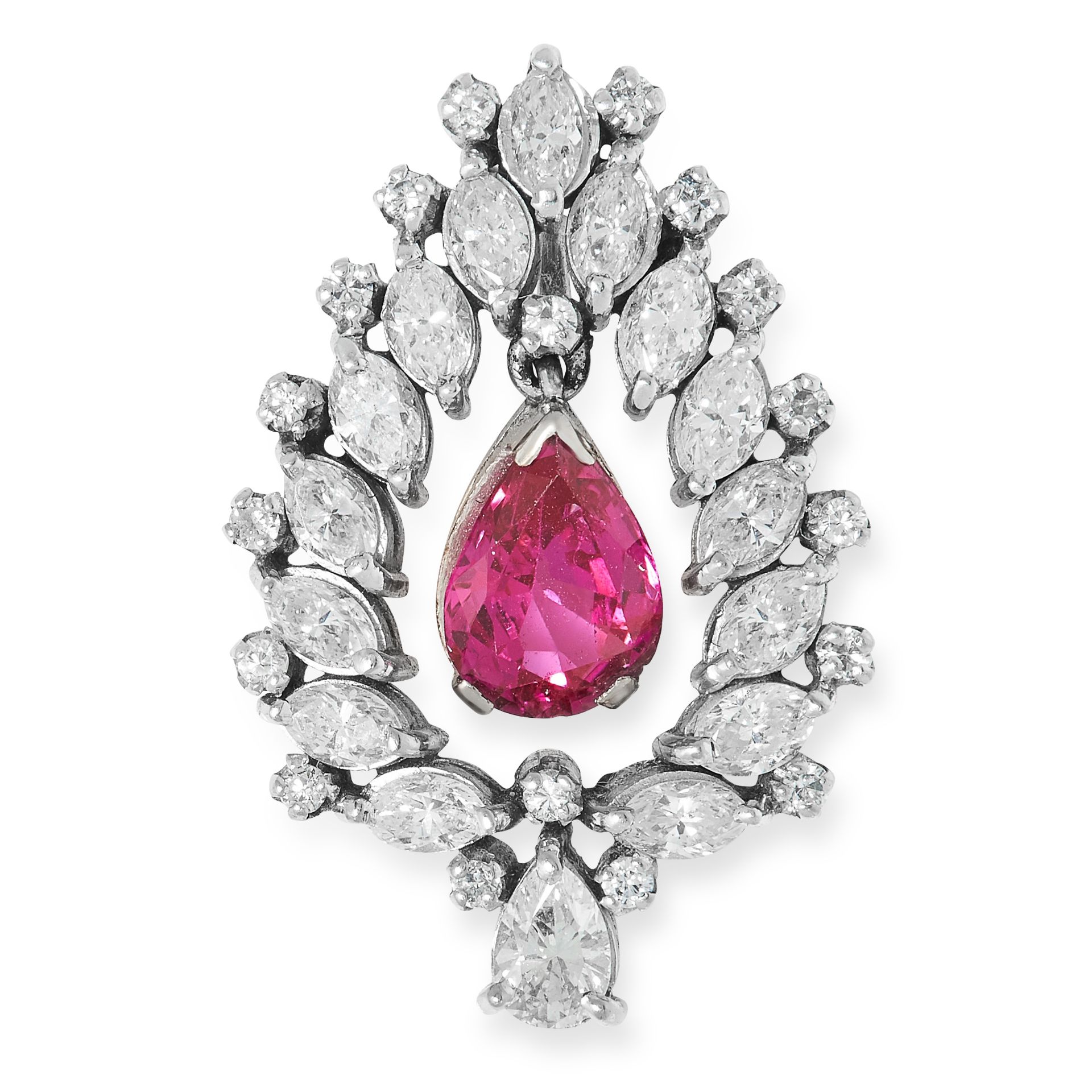 A 1.33 CARAT BURMA NO HEAT RUBY AND DIAMOND PENDANT comprising of a pear cut ruby of 1.33 carats