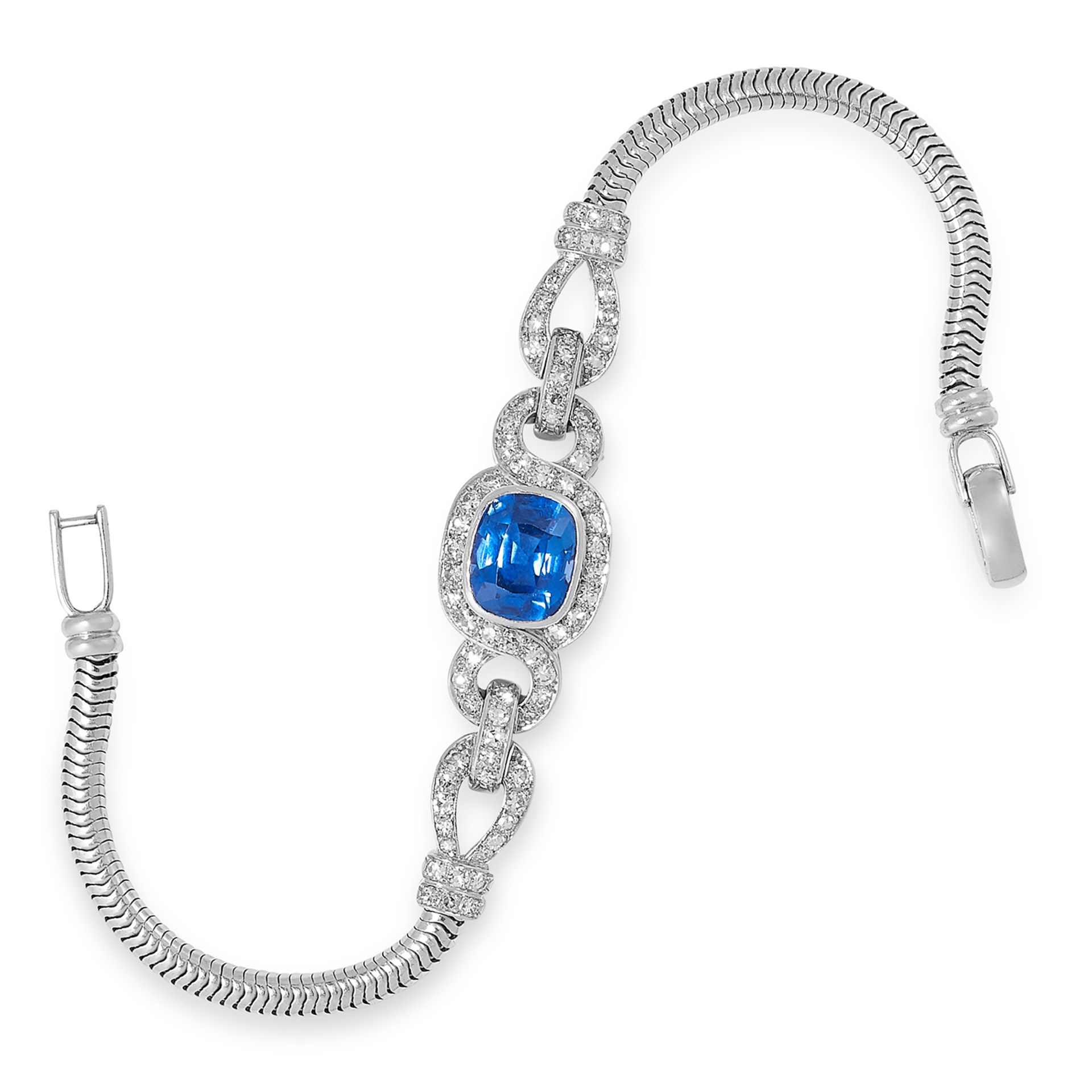 AN ART DECO BURMA NO HEAT SAPPHIRE AND DIAMOND BRACELET set with a cushion cut sapphire of 5.73