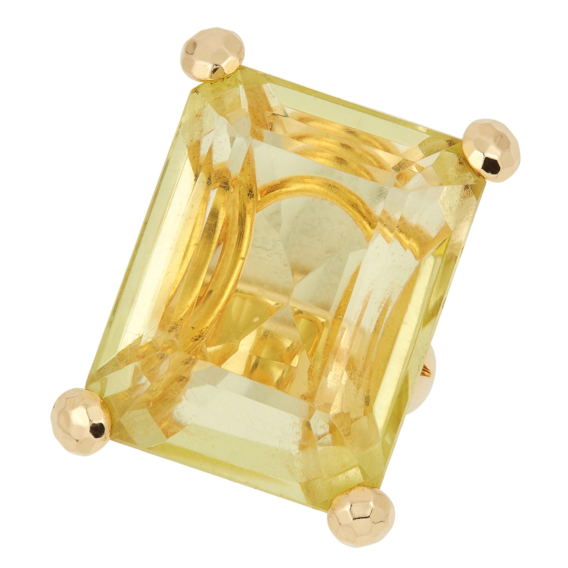 A CITRINE DRESS RING set with an emerald cut citrine / lemon quartz of 58.40 carats (weight