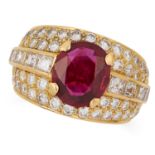 A RUBY AND DIAMOND RING set with an oval cut ruby of 2.35 carats, accented by square and round cut