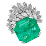A COLOMBIAN EMERALD AND DIAMOND RING set with an emerald cut emerald of 12.64 carats accented by a