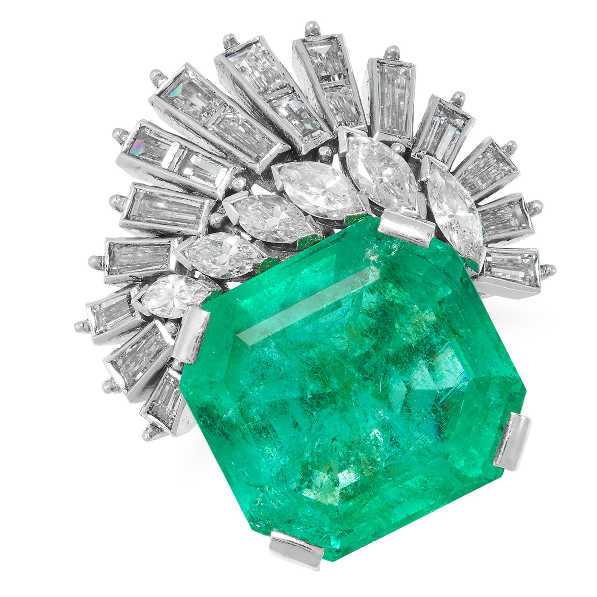 A COLOMBIAN EMERALD AND DIAMOND RING set with an emerald cut emerald of 12.64 carats accented by a