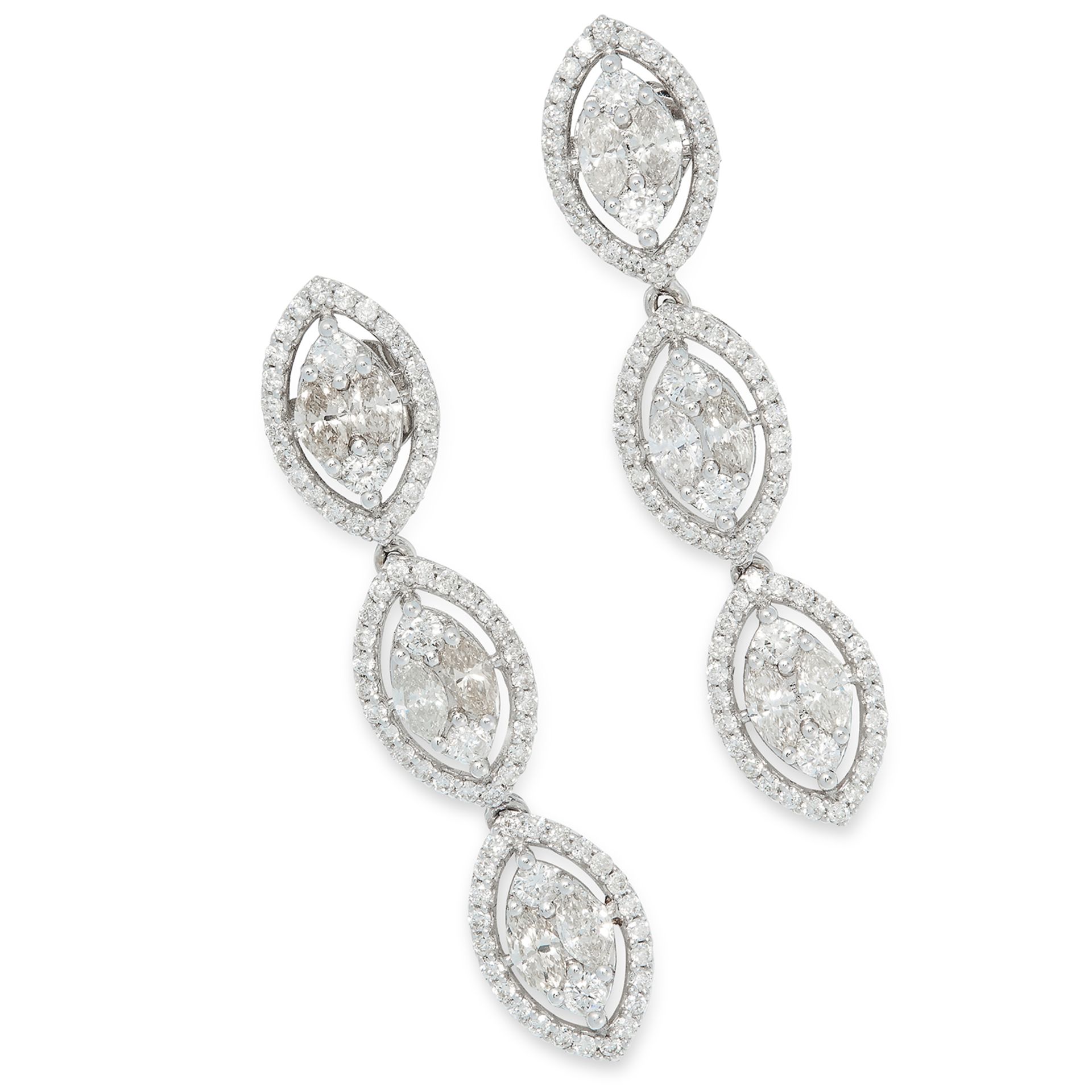 A PAIR OF DIAMOND EARRINGS each formed of a trio of articulated marquise motifs set with marquise