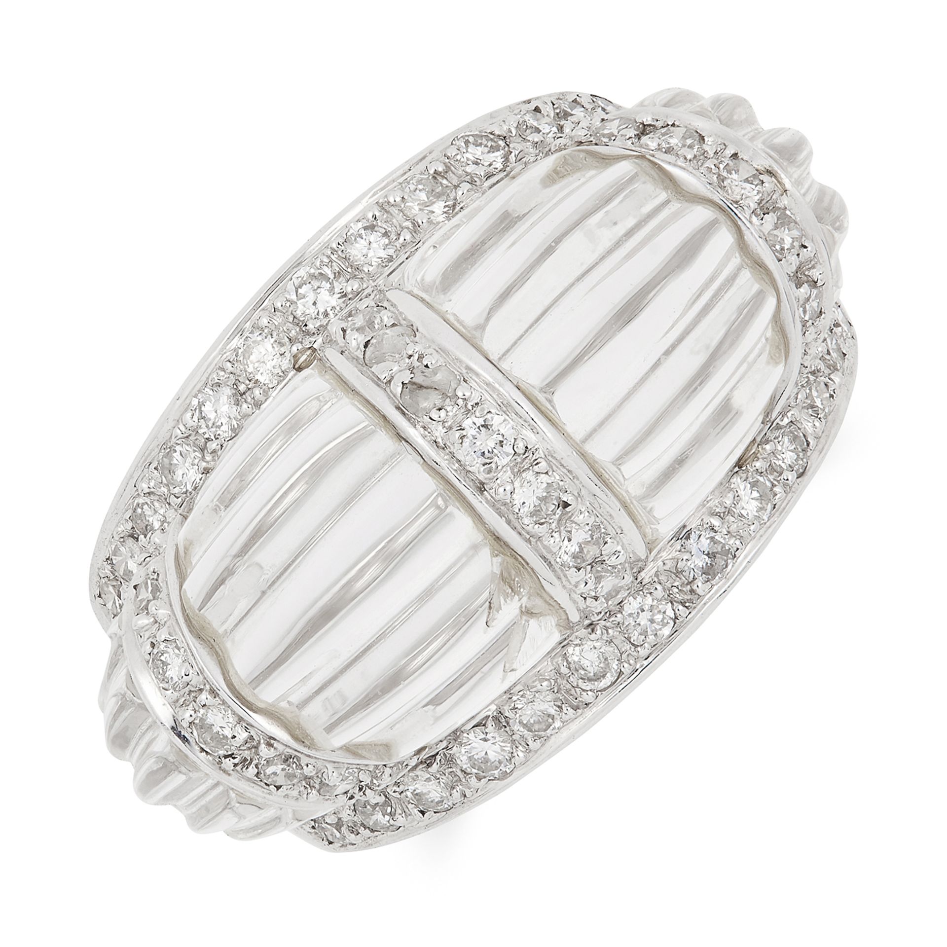 A CARVED ROCK CRYSTAL AND DIAMOND BOMBE RING set with alternating carved rock crystal and round