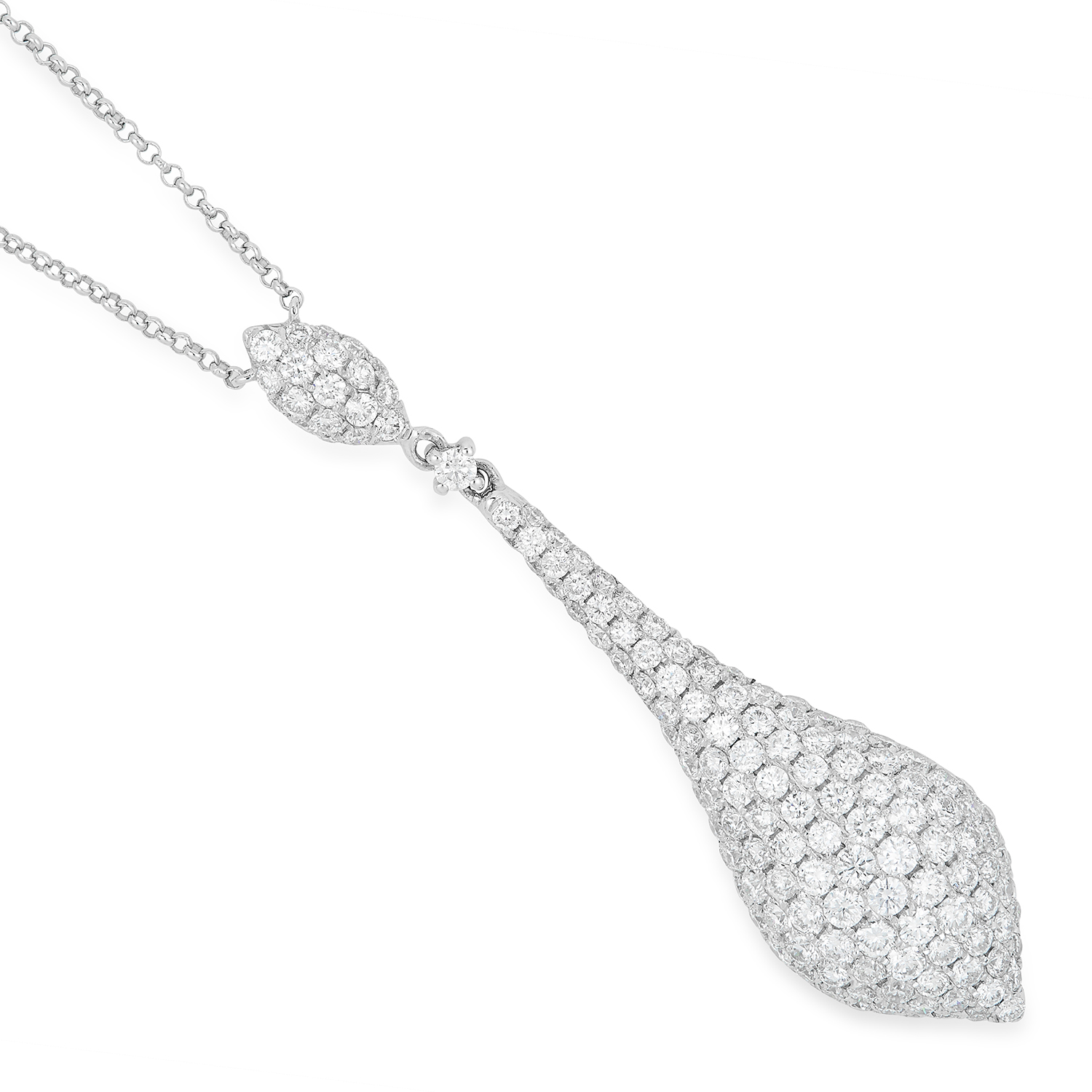 A DIAMOND DROP PENDANT NECKLACE the tapering, articulated body set with round cut diamonds totalling