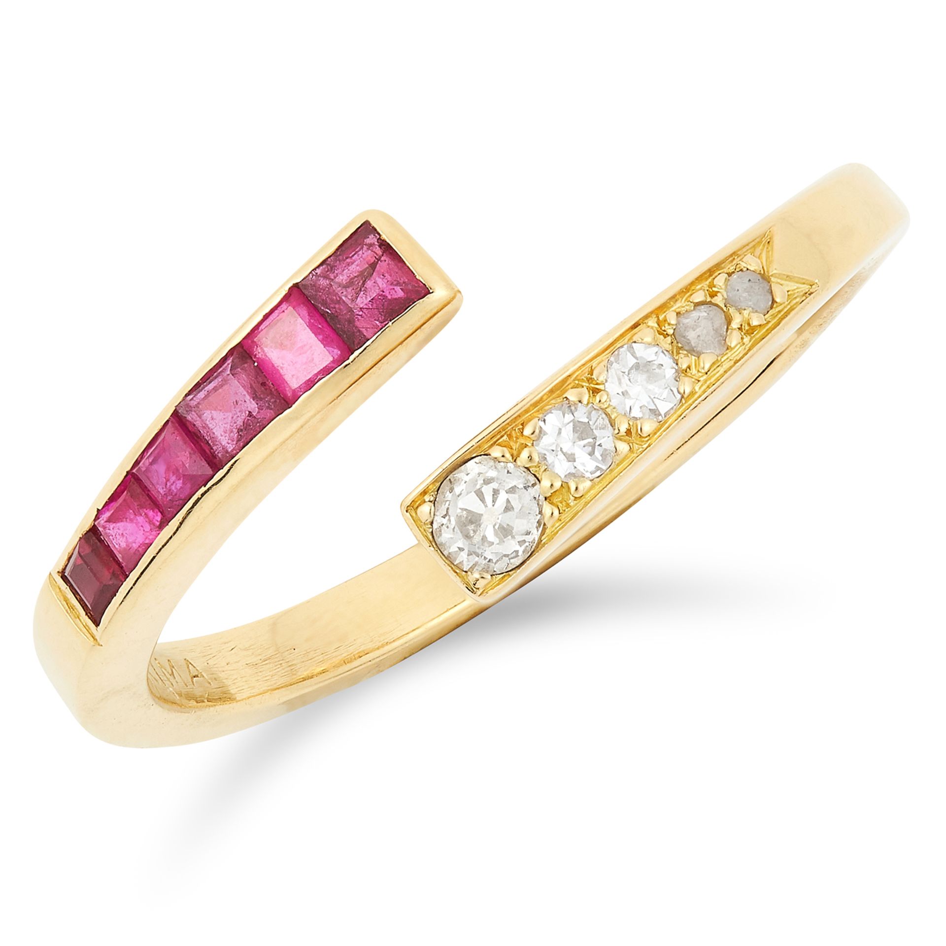 A RUBY AND DIAMOND OPEN BAND RING, ANDREW GRIMA, CIRCA 1960 set with round and rose cut diamonds and