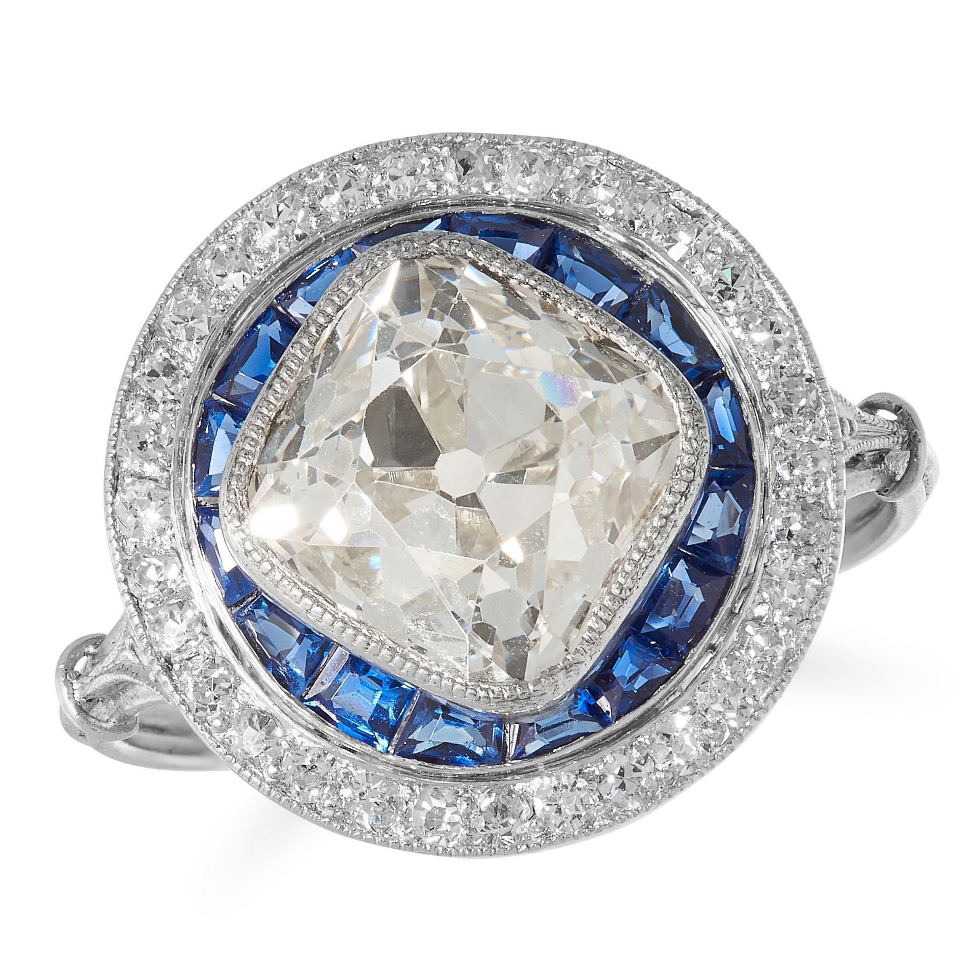 A 3.27 CARAT DIAMOND AND SAPPHIRE TARGET RING comprising of an old cut diamond of approximately 3.27