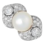 A NATURAL PEARL AND DIAMOND RING set with a pearl of 9.0mm between round cut diamond set