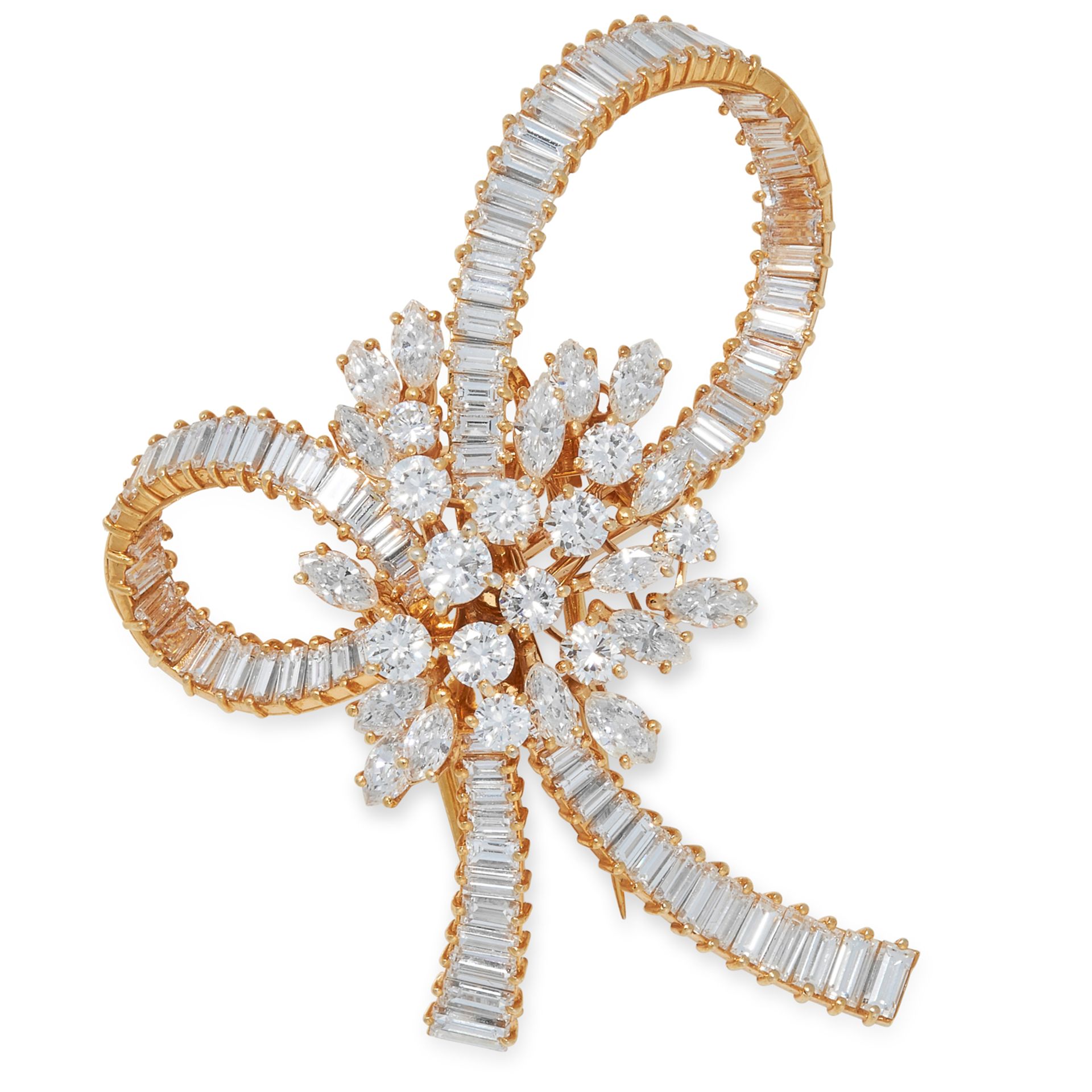 A DIAMOND BOW BROOCH set with round, marquise and baguette cut diamonds totalling approximately 9.00