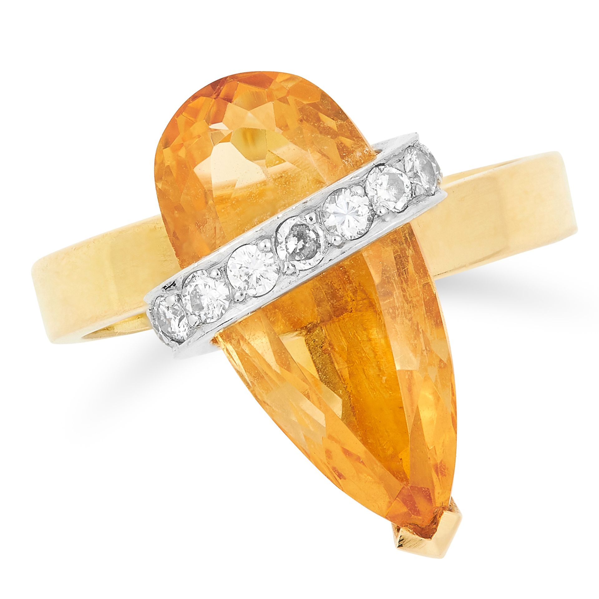 A TOPAZ AND DIAMOND RING, ANDREW GRIMA, CIRCA 1975 set with a pear cut imperial topaz and round