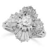 A DIAMOND BALLERINA RING set with tapered baguette and round cut diamonds, unmarked, size O / 7, 7g.