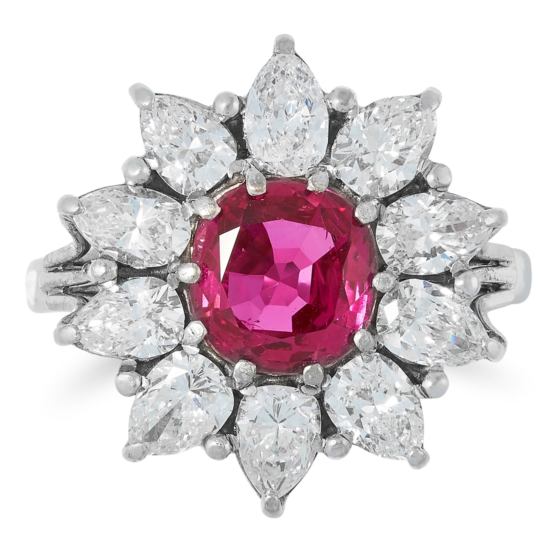 A BURMA NO HEAT RUBY AND DIAMOND CLUSTER RING set with a round cut ruby of 2.0 carats in a border of