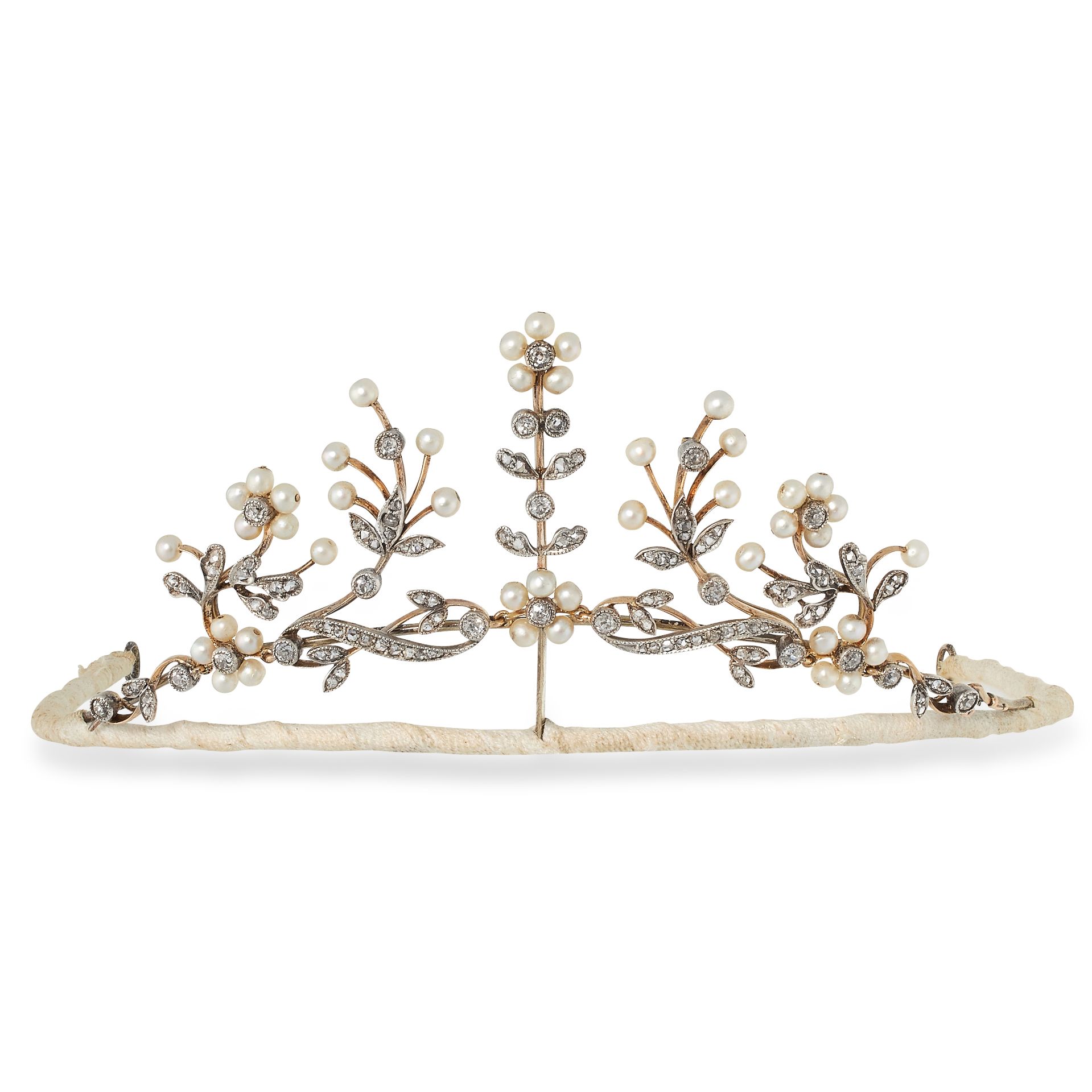 AN ANTIQUE PEARL AND DIAMOND TIARA / NECKLACE comprising of round cut diamonds accented by pearls,