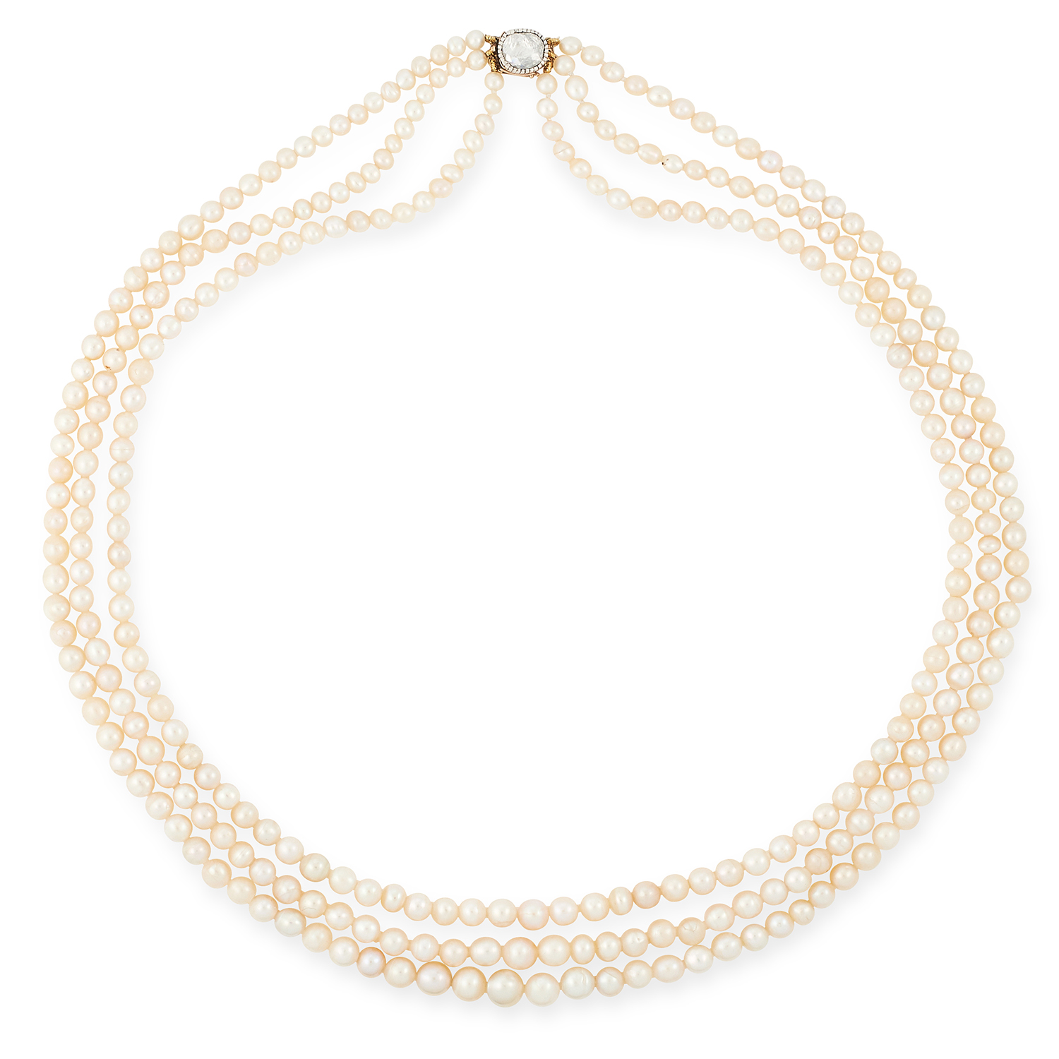 AN ANTIQUE NATURAL PEARL AND DIAMOND NECKLACE comprising of three rows of three hundred and eleven