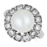 A NATURAL PEARL AND GEMSTONE CLUSTER RING set with a pearl in a border of round cut white gemstones,