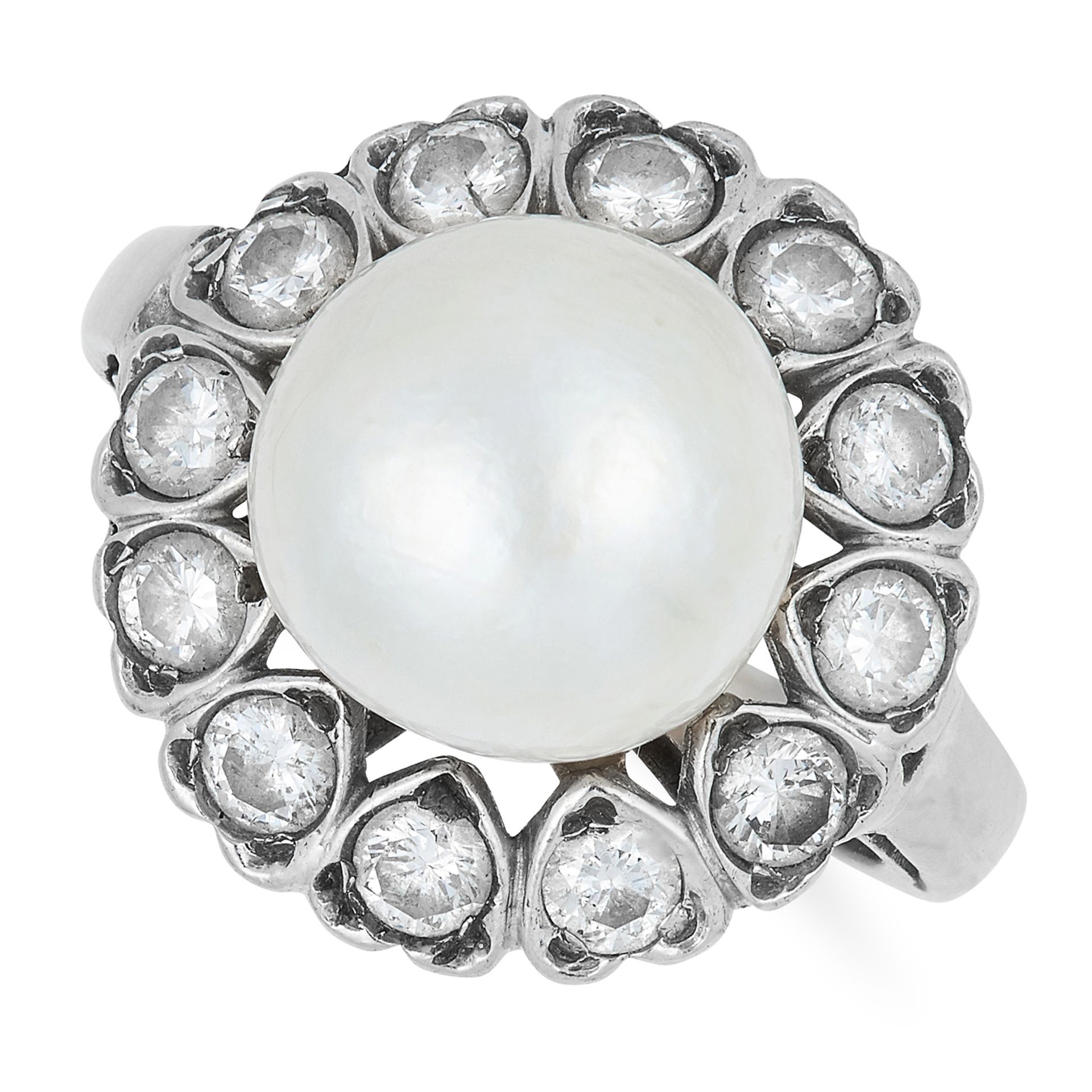 A NATURAL PEARL AND GEMSTONE CLUSTER RING set with a pearl in a border of round cut white gemstones,