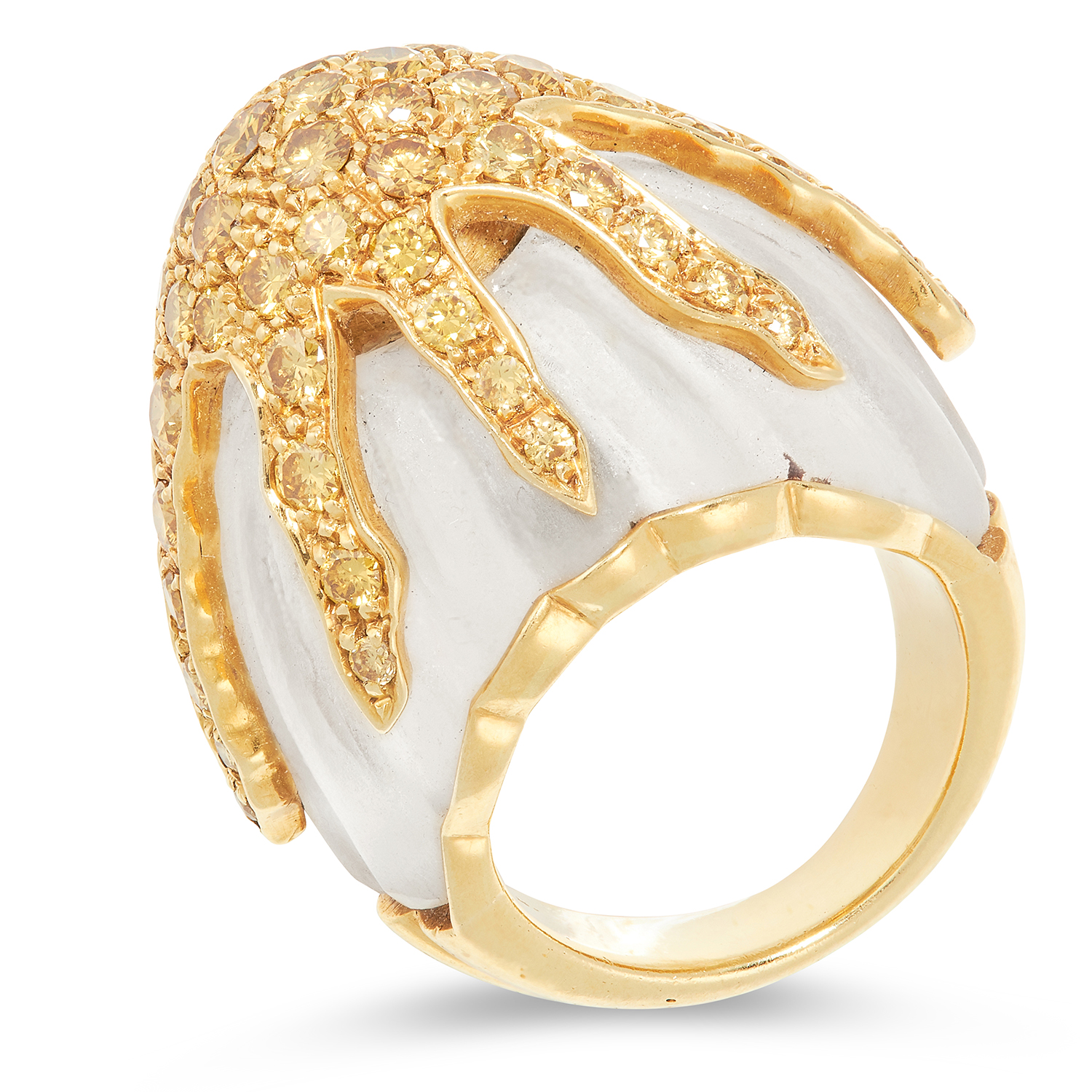 A YELLOW DIAMOND AND ROCK CRYSTAL RING designed as a lobed carved piece of rock crystal with frosted - Image 2 of 2