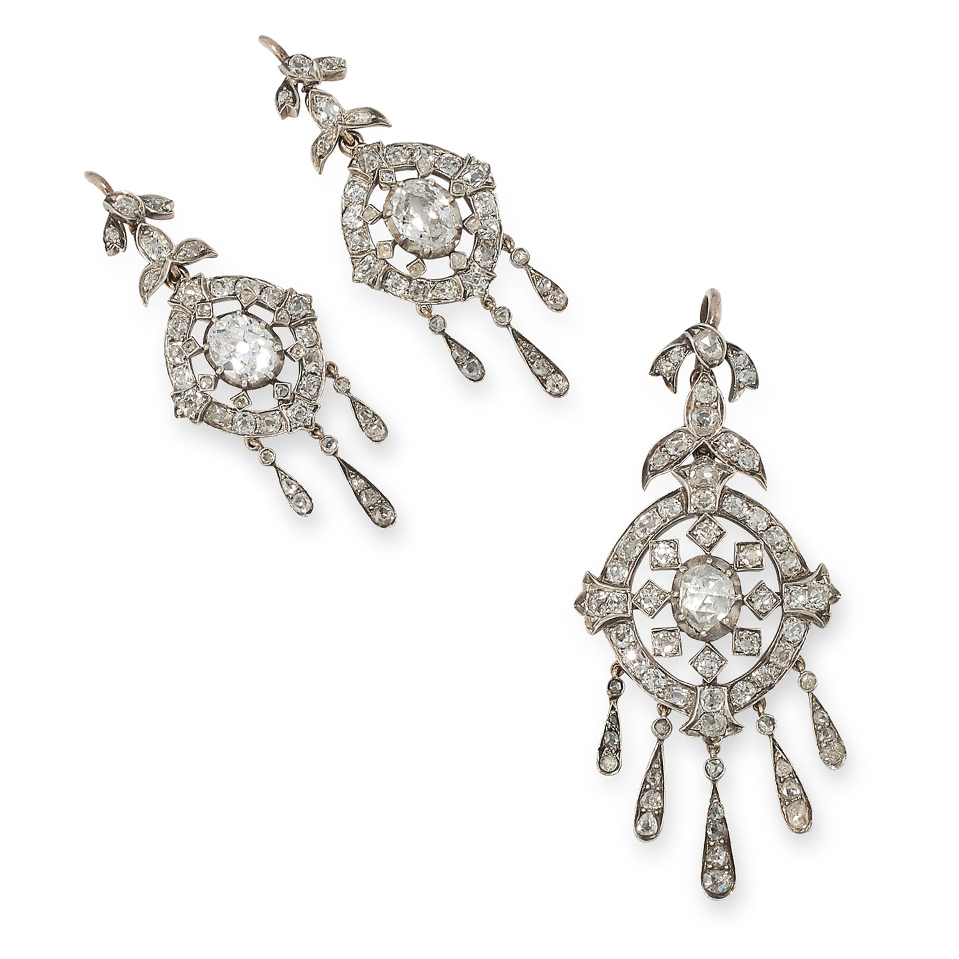 AN ANTIQUE DIAMOND EARRING AND PENDANT SUITE the open framework is set with old and rose cut