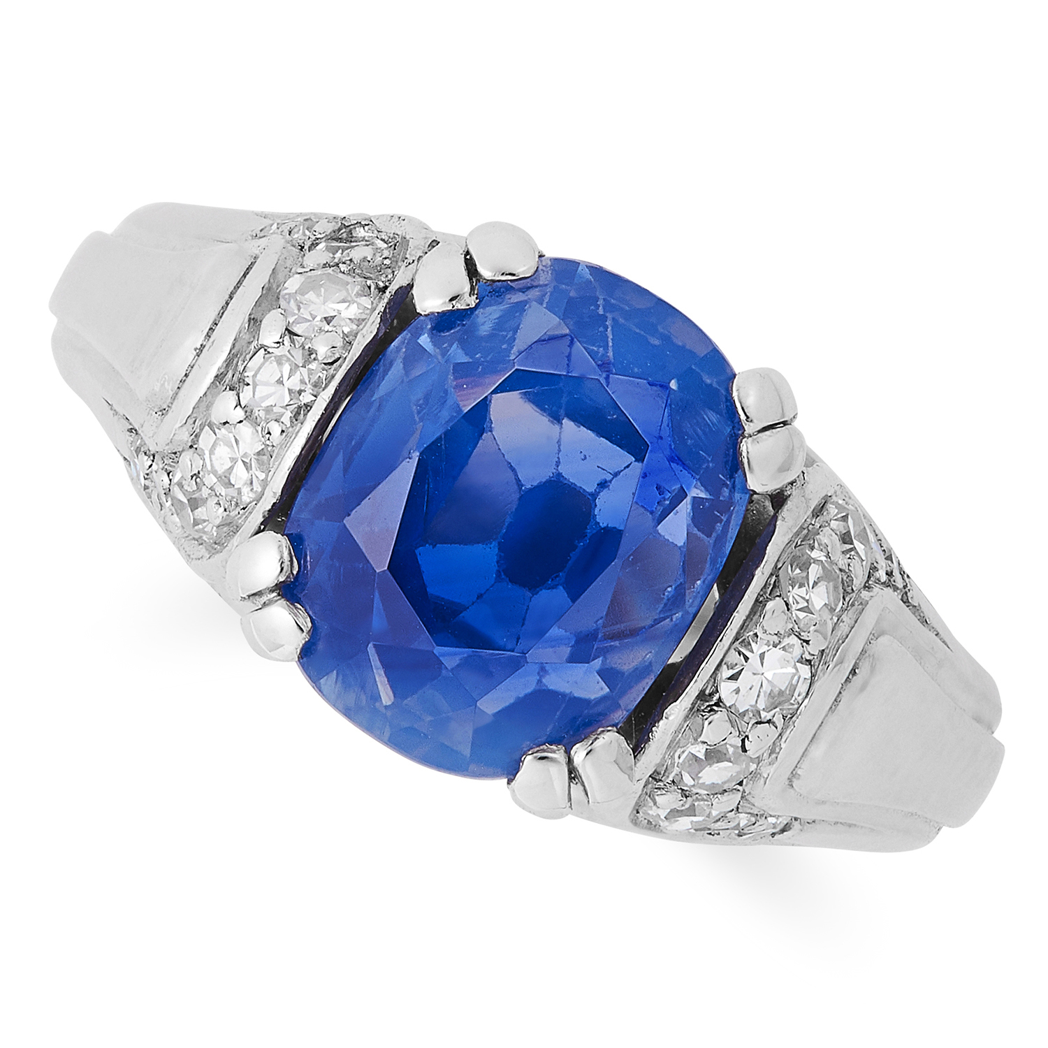 A 4.72 CARAT KASHMIR SAPPHIRE AND DIAMOND RING set with a cushion cut sapphire of 4.72 carats and