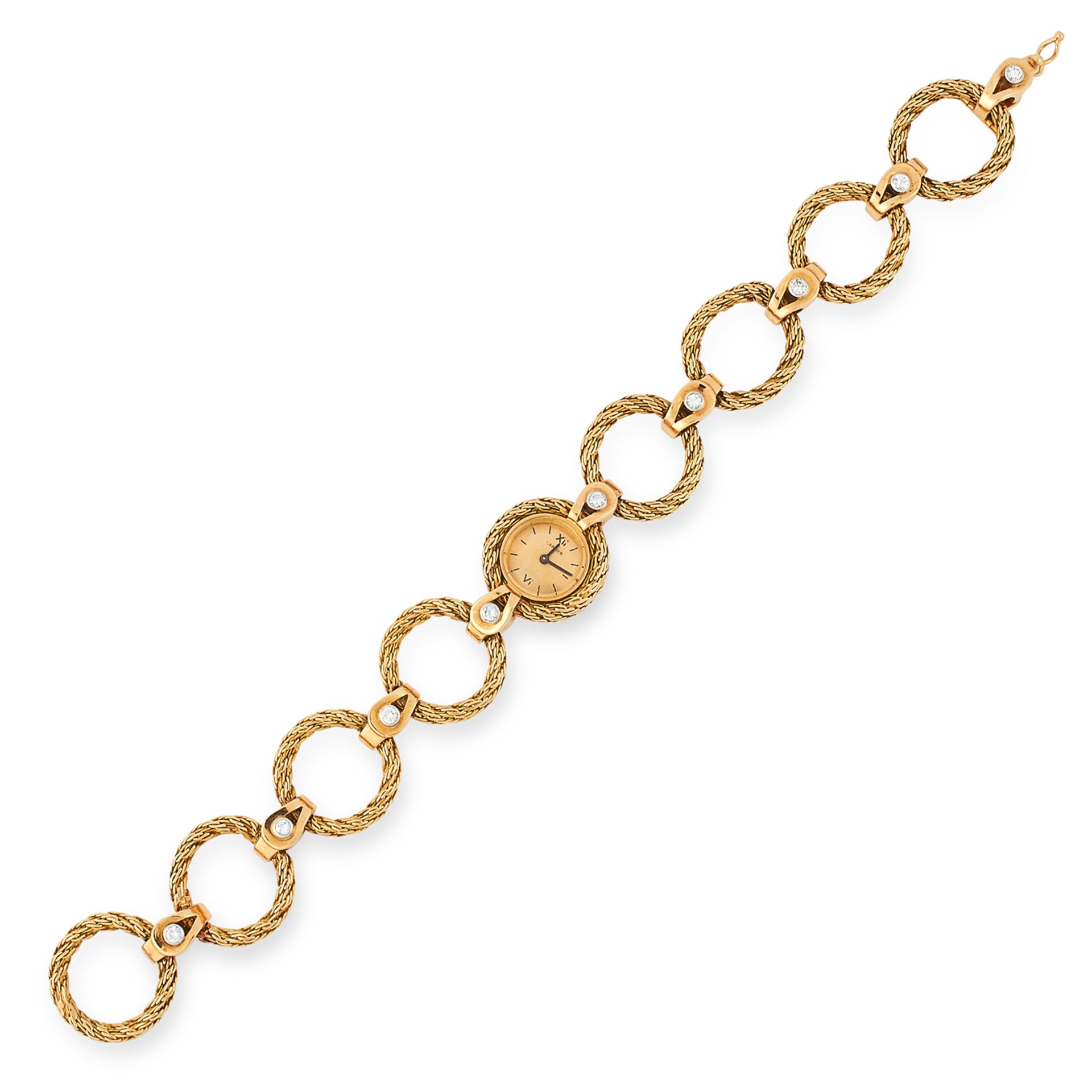 A VINTAGE LADIES DIAMOND WRISTWATCH, CARTIER comprising of textured gold hoop links set with round