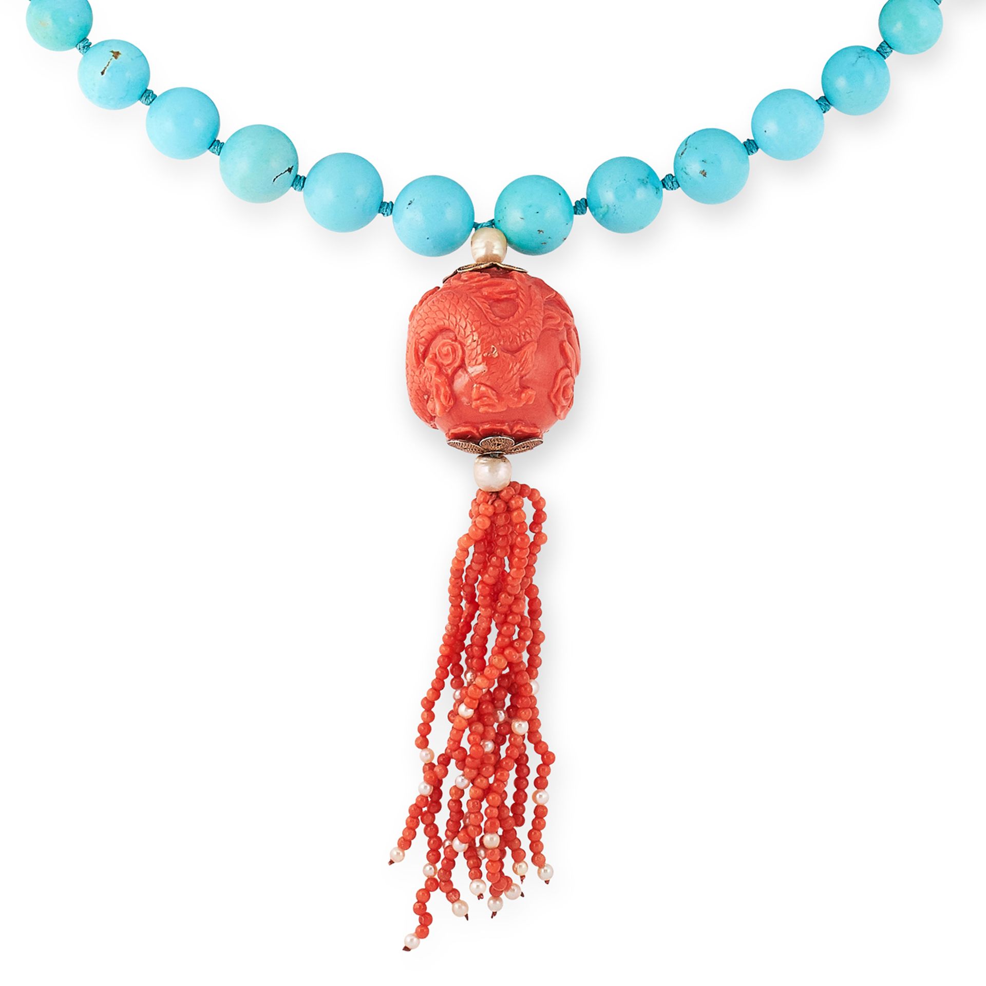 A CHINESE CARVED CORAL AND TURQUOISE NECKLACE comprising a single row of forty-six graduated round - Bild 2 aus 2
