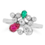 A DIAMOND, RUBY AND EMERALD RING in cluster form set with round cut diamonds and a pear cut ruby,