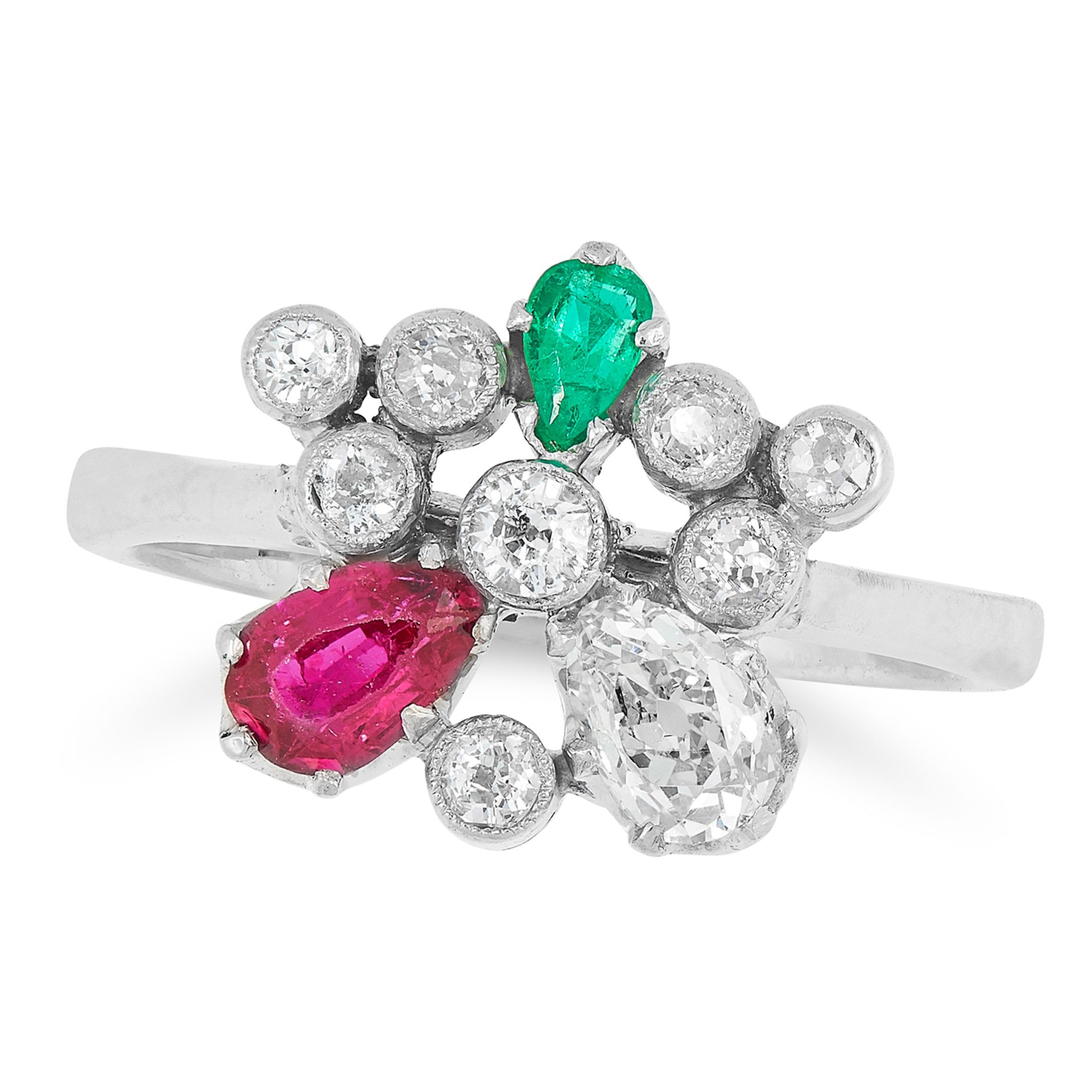 A DIAMOND, RUBY AND EMERALD RING in cluster form set with round cut diamonds and a pear cut ruby,