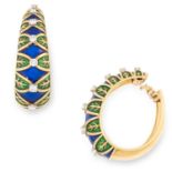 A PAIR OF DIAMOND AND ENAMEL HOOP EARRINGS set with round cut diamonds within blue and green