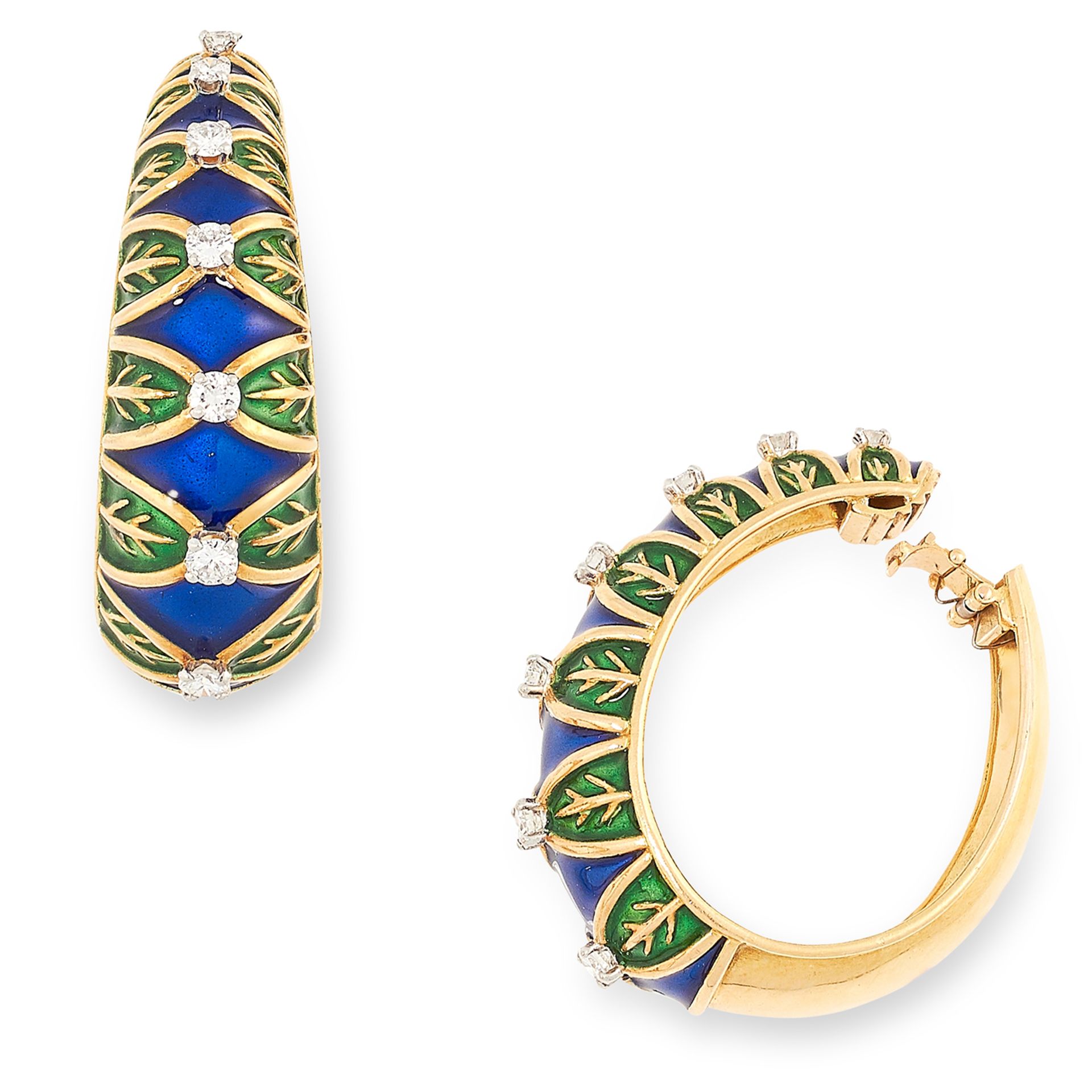 A PAIR OF DIAMOND AND ENAMEL HOOP EARRINGS set with round cut diamonds within blue and green