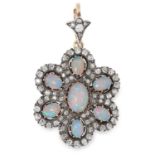 ANTIQUE VICTORIAN OPAL AND DIAMOND CLUSTER PENDANT set with old cut diamonds and opal cabochons, 3.