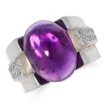 AN AMETHYST AND DIAMOND RING set with a cabochon amethyst and round cut diamonds, size L / 6, 12.