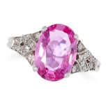AN UNHEATED 3.76 CARAT PINK SAPPHIRE AND DIAMOND RING set with an oval cut pink sapphire of 3.76