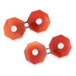 A PAIR OF ANTIQUE CARNELIAN AND PEARL CUFFLINKS comprising of octagonal slices of carnelian set with