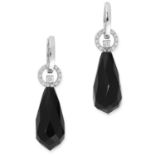 DIAMOND AND ONYX EARRINGS each set with round cut diamonds and suspending a polished onyx briolette,