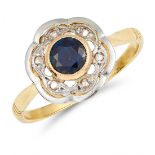 SAPPHIRE AND DIAMOND RING in yellow gold, set with a round cut sapphire and rose cut diamonds,