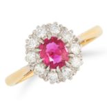 BURMA RUBY AND DIAMOND CLUSTER RING set with a cushion cut ruby of 0.60 carats in a cluster of round